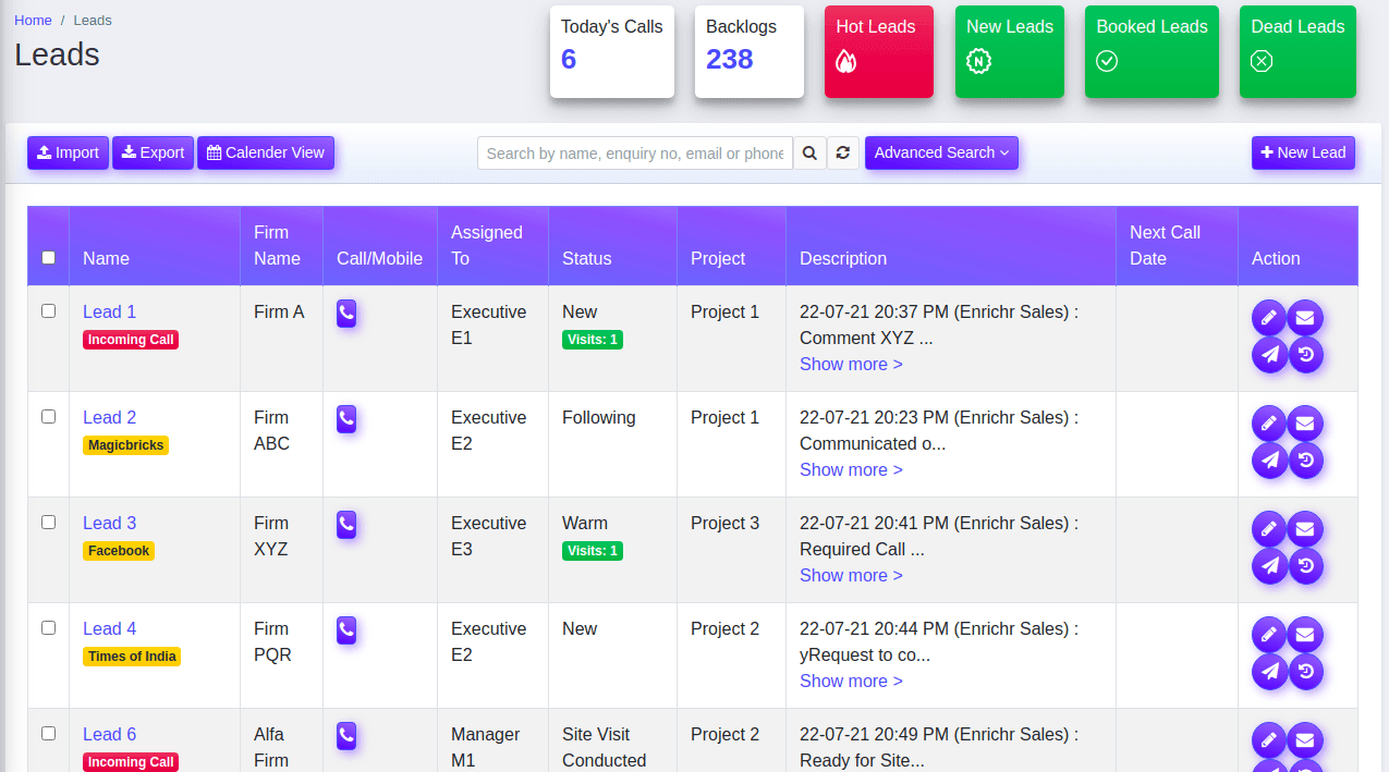 Dashboard displaying lead information including status, project, and contact details.