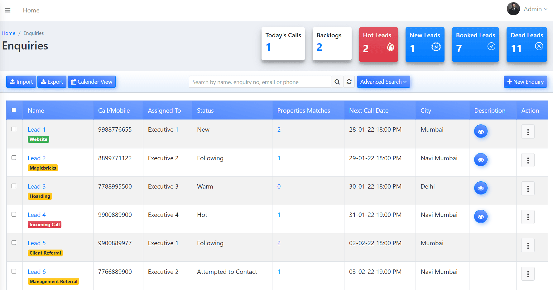 Dashboard view of enquiries with list of lead details, call dates, statuses, and actions highlighted.