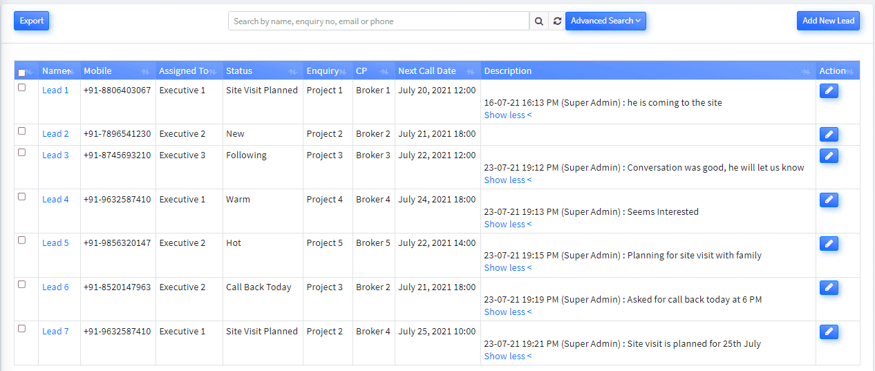 CRM dashboard showing leads with details like mobile, status, enquiry, and action options.