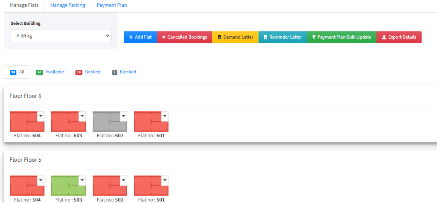 Dashboard displaying flat availability and booking status by floor in a building management system.